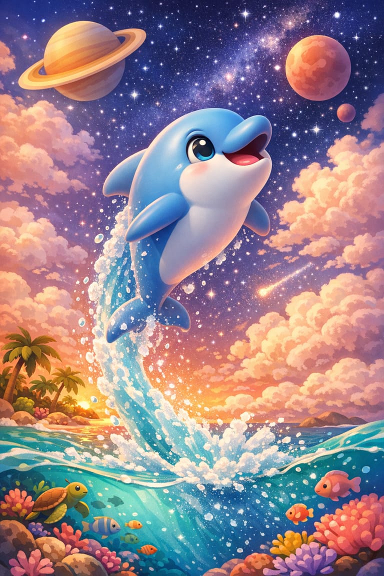 Grafik fra Dolphin Beyond — en delfin springer fra havet mod stjernerne